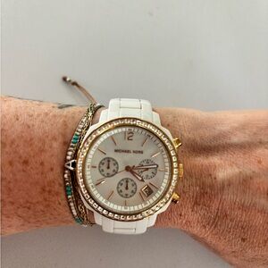 Michael Kors White and Gold Ceramic Bracelet Watch with Crystal Bezel